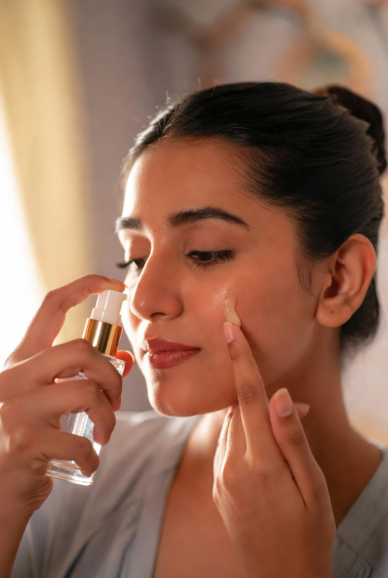 Pakistani woman applying Wiki Special Anti Acne Serum for glowing clear skin. Daily skincare routine with whitening and acne-fighting serum.